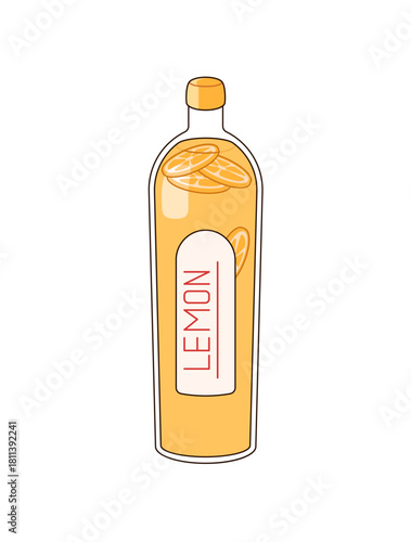Lemonade in glass bottle. Package of fresh squeezed citrus fruit juice. Container of soft drink with slices of lemon. Refreshing beverage. Flat isolated vector illustration on white background