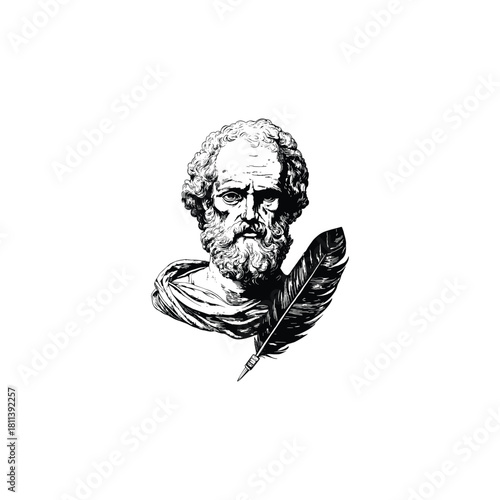 Vintage engraving style illustration of an ancient bearded philosopher or scholar, combined with a classic feather quill.