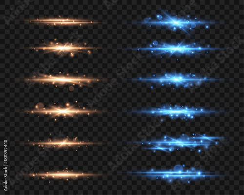 Orange and blue horizontal beams illuminate a black layer. Sparkling particles scatter along glowing paths dynamically. Ideal for magical or sunrise effects.