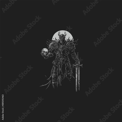 Dark fantasy illustration of a powerful Death Knight or evil warrior wearing spiky, demonic armor.