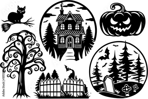 Halloween Spooky Elements Collection Haunted House Pumpkin Black Cat Vector