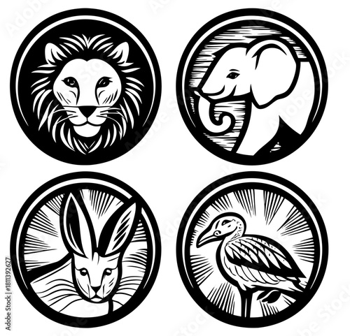 Wild Animal Icon Set Lion Elephant Rabbit Bird Black and White Vector
