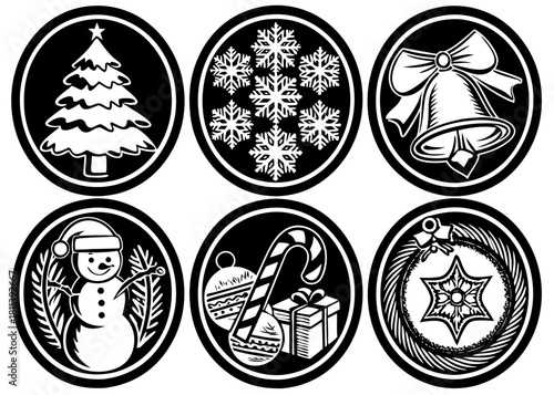 Christmas Winter Holiday Icons Tree Snowman Snowflake Bells Black and White Vector