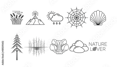 Nature lover line art icon set with mountain waterfall and tree vector illustration