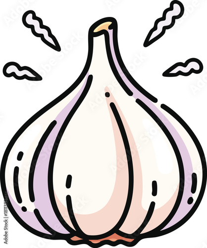 Hand Drawn Garlic Bulb With Steam Wisps And Thick Outline