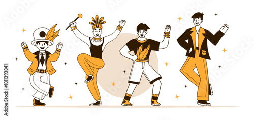 Carnival Happy Dancers Men in Masquerade Costumes. Isolated Color Hand drawing Doodle. Vector Illustration. Festive Party Male Character, holiday and rhythmic celebration. Not AI