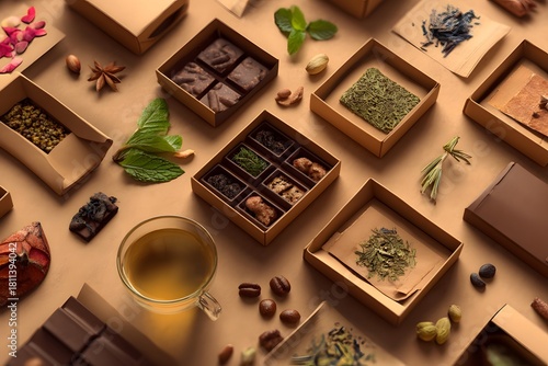 Wallpaper Mural Table with many different types of food and drinks, including a cup of tea and a box of chocolates Torontodigital.ca