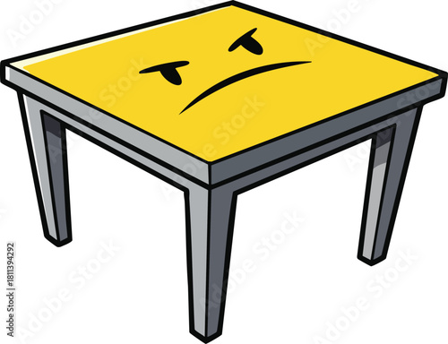 Cartoon Yellow Table With Sad Face Expression On White Background