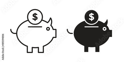 Piggy bank icons of black colored in various styles