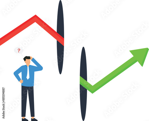 Confused businessman problem solving financial crisis growth opportunity business strategy market volatility success failure investment choice risk management corporate challenge