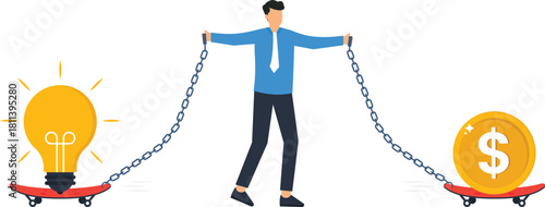 Pencil head businessman drawing halo creative concept. Business innovation idea for self improvement. Surreal character creating destiny. Flat design art.