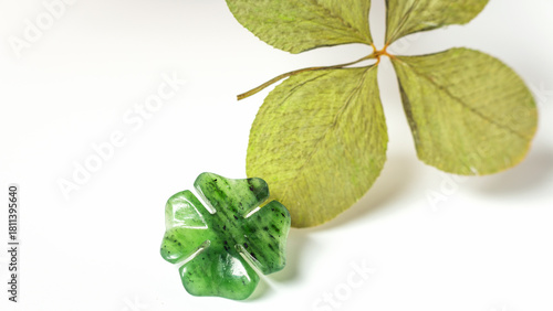 Detail of two four-leaf clovers on background