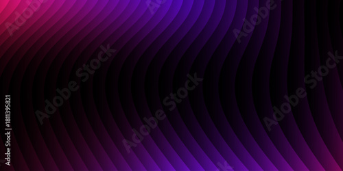 Neon ribbed fractal glass 3d background. Holographic vertical stripe pattern with vibrant purple blue yellow gradient. Abstract black bg, iridescent texture lines in radiant colors. 3D illustration