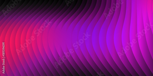 Neon ribbed fractal glass 3d background. Holographic vertical stripe pattern with vibrant purple blue yellow gradient. Abstract black bg, iridescent texture lines in radiant colors. 3D illustration