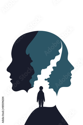 A surreal illustration of multiple overlapping human profiles with a small child silhouette, symbolizing inner child healing, memory layers, and deep psychological reflection.