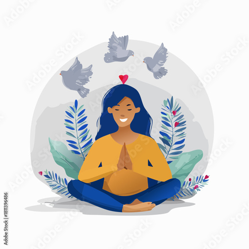 Smiling woman in lotus position meditating with doves and plants, promoting peace and love