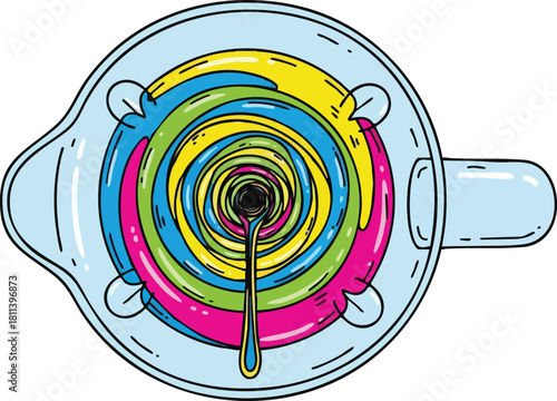 Top View Of Colorful Swirl Liquid Dropping Into A Blender In A Bright Kitchen