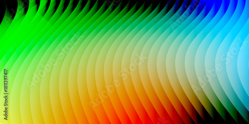 Neon ribbed fractal glass 3d background. Holographic vertical stripe pattern with vibrant purple blue yellow gradient. Abstract black bg, iridescent texture lines in radiant colors. 3D illustration