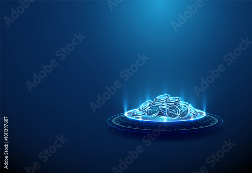 Pile of coins on futuristic podium. Capital accumulation, financial growth, investments, fintech innovation concept.