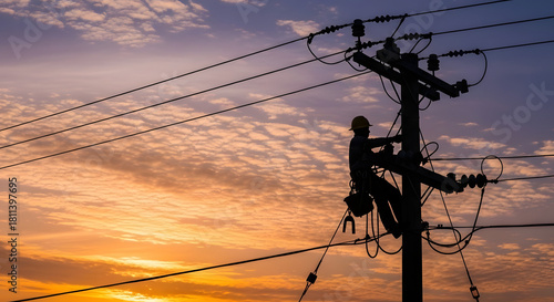 Electrical worker climbing utility pole at sunset