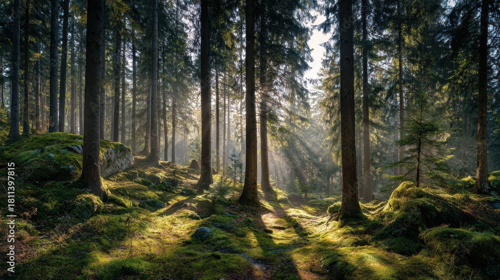 Obraz premium Serene dawn forest view with radiant light across mossy ground