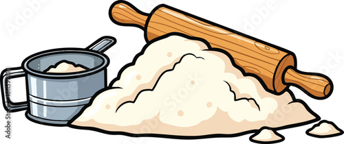 Baking preparation with flour sifter and rolling pin on white background