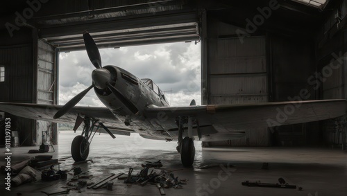 Vintage propeller plane inside a hangar, open door revealing cloudy sky. Parts scattered on the floor