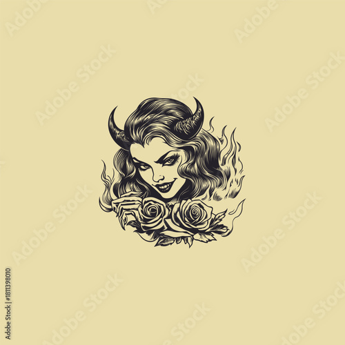 dark illustration of a seductive female demon or succubus with curved horns and vintage wavy hair. The figure smiles menacingly while clutching a bouquet of roses