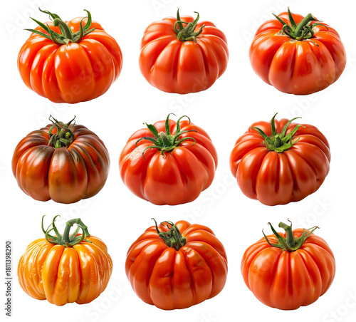 Beefsteak red tomato with a green stem isolated on a white background
