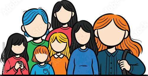 Diverse Group Of Women And Girls Standing Together Outdoors With Various Hair Colors And Clothing Styles