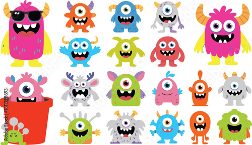 Cute colorful cartoon monster characters collection, fun playful cyclops creatures set, adorable kids illustration pack perfect for stickers, posters, decorations, and creative design projects