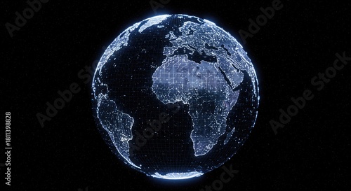 Digital Earth at Night with Glowing Cities and Stars