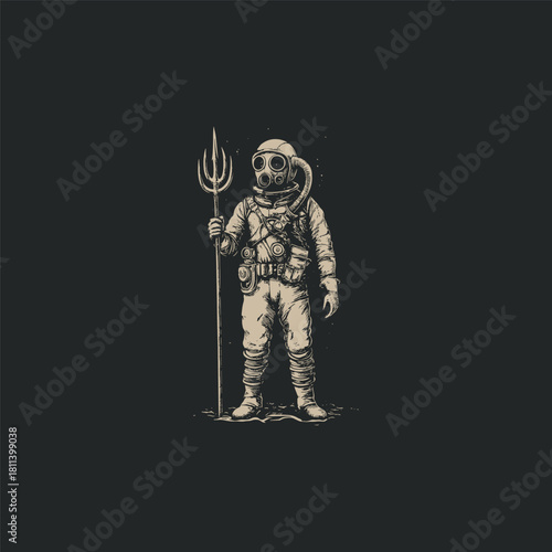 Vintage hand-drawn illustration of a retro deep-sea diver wearing an old-fashioned heavy suit and holding trident