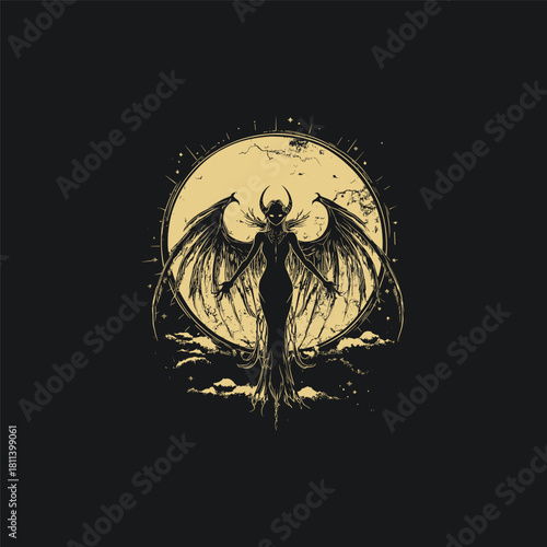 Ominous dark fantasy illustration of a female winged demon or succubus standing in a flowing gown with massive bat wings spread against a large full moon