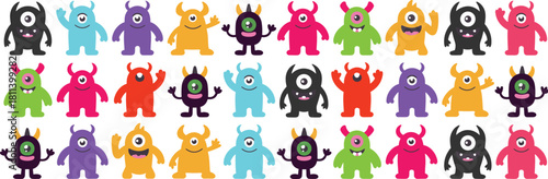 Cute colorful cartoon monster seamless pattern, playful one-eyed creature characters, fun kids background design perfect for textiles, wrapping paper, wallpapers, and creative projects