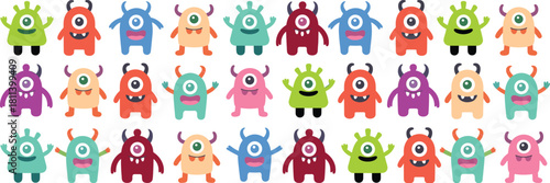 Cute colorful cartoon monster seamless pattern, playful one-eyed creature characters, fun kids background design perfect for textiles, wrapping paper, wallpapers, and creative projects