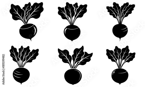 Six black and white vector illustrations of beets with leaves in various styles and orientations