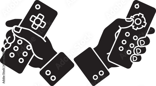 Two hands holding remote controls in a distinctive silhouette style