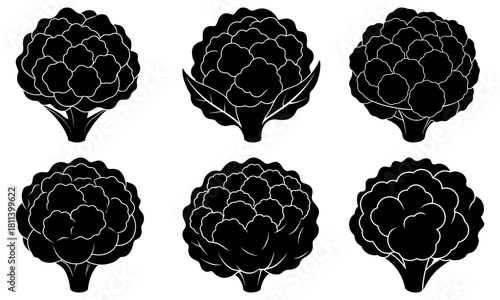 Illustration of six artichokes in black and white with varying shapes and leaf arrangements depicted