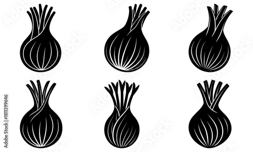 Illustration of six black and white scallions arranged in two rows on a white background style image
