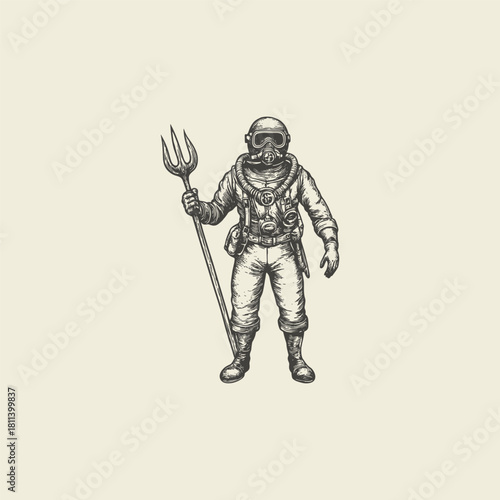 Vintage hand-drawn illustration of a retro deep-sea diver wearing an old-fashioned heavy suit and holding trident