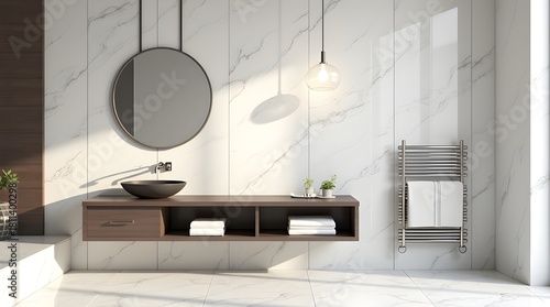 Modern minimalist bathroom interior with marble walls, wooden vanity, round mirror, soft lighting, and clean contemporary design