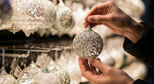 Hands selecting Christmas ornaments
