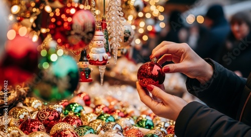 Hands selecting Christmas ornaments