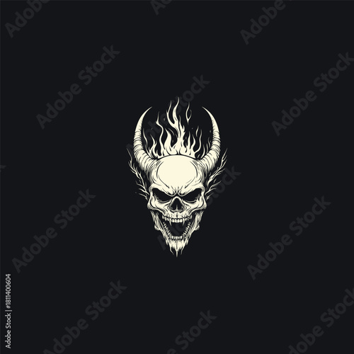 Fiery dark illustration of an aggressive horned skull engulfed in flames vector template