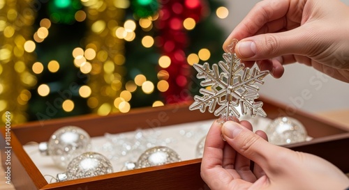 Hands selecting Christmas ornaments