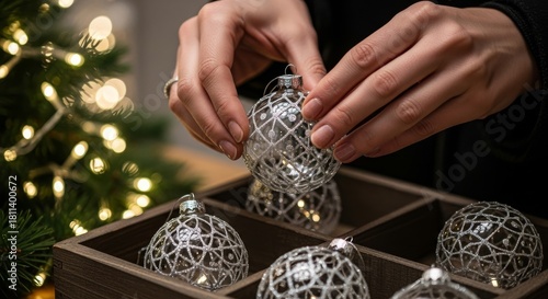 Hands selecting Christmas ornaments