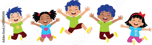 Happy diverse cartoon children jumping together with joyful expressions, playful kids character illustration set for education, celebrations, fun activities, creative artwork