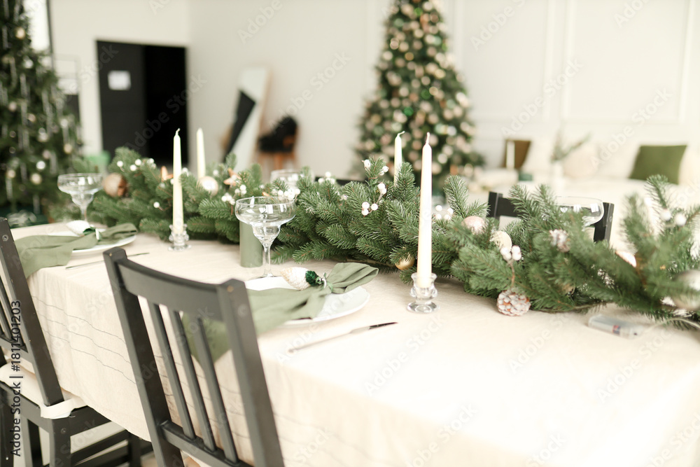 Naklejka premium Christmas white interior. Living room in loft.