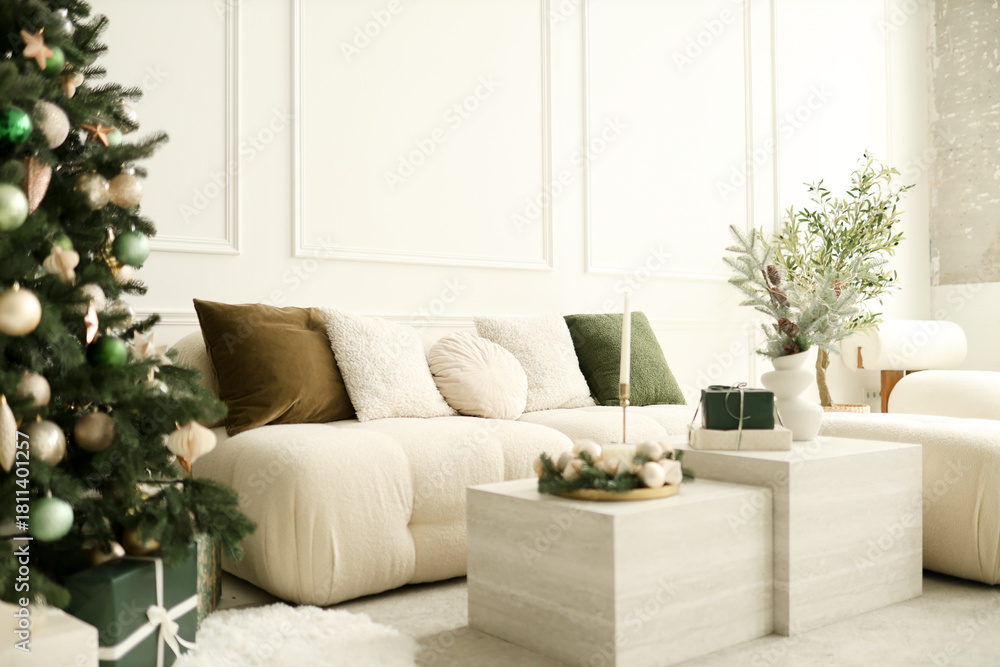 Naklejka premium Christmas white interior. Living room in loft.